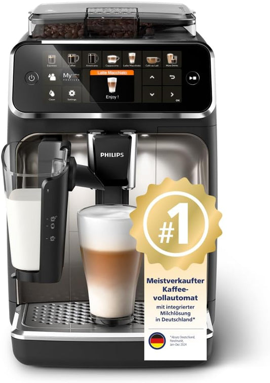 Philips EP5447/90 Vollautomatische Espressomaschine – LatteGo Milchaufschäumer, 12 Kaffeespezialitäten, TFT‑Touchdisplay, ExtraShot & AquaClean, Chrom