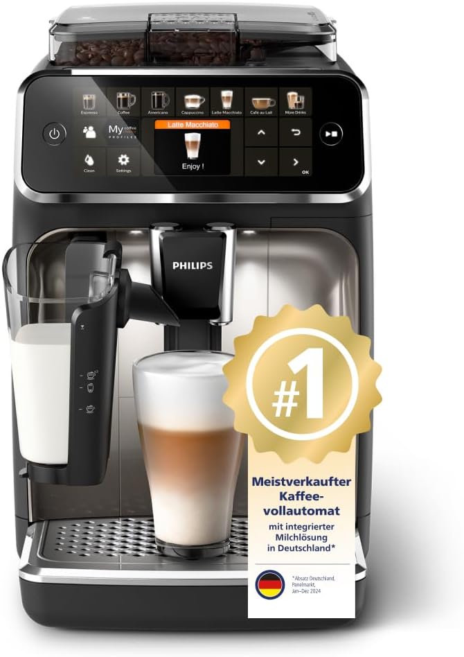 Philips EP5447/90 Vollautomatische Espressomaschine – LatteGo Milchaufschäumer, 12 Kaffeespezialitäten, TFT‑Touchdisplay, ExtraShot & AquaClean, Chrom