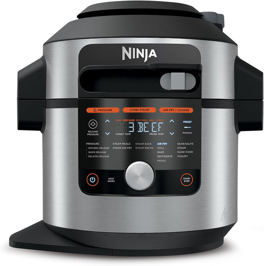 Ninja Foodi MAX Multikocher mit Smart Deckel, 7,5L, 14-in-1 Multicooker, Pressure Cooker Schnellkochtopf, Airfryer Heißluftfritteuse, Slow Cooker, digitaler Temperaturfühler, Edelstahl, OL750EU